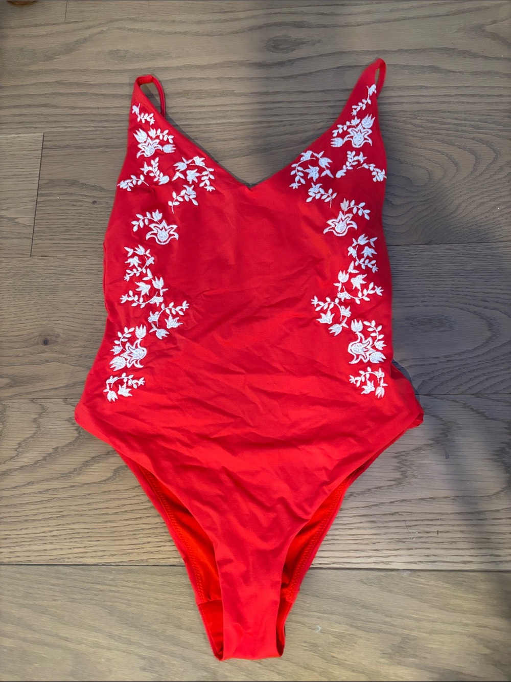 Red Floral Embroidered One-Piece Swimsuit